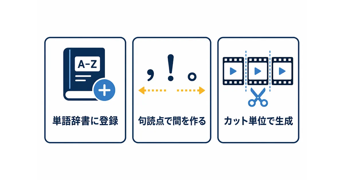 YouTube×AI音声合成の完全ガイド|VOICEVOXからElevenLabsまで徹底解説_コツ3選図解 YouTube AI音声合成 ガイド|単語辞書・間・カット単位の3つのコツ