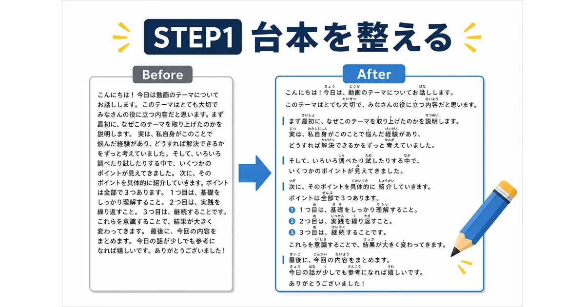 YouTube×AI音声合成の完全ガイド|VOICEVOXからElevenLabsまで徹底解説_STEP1 YouTube AI音声合成 ガイド|STEP1 台本を整える