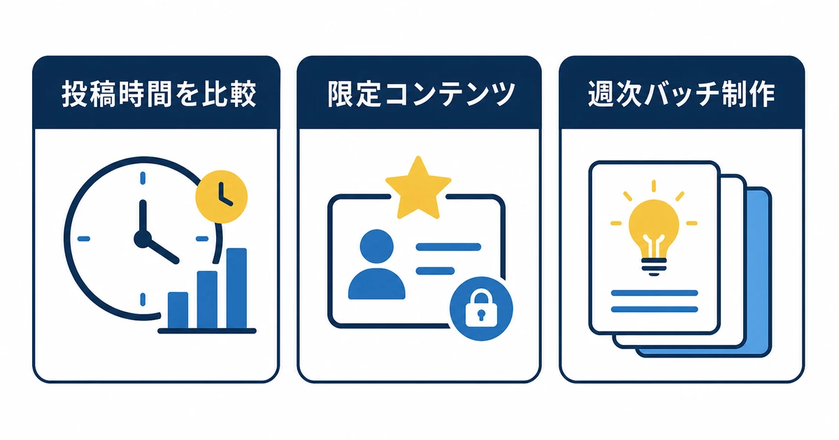 YouTubeコミュニティ運営をAIで効率化する完全ガイド|ファンを増やす仕組み_図解4 ファンを増やす3つのコツ YouTube コミュニティ運営 AI 効率化|投稿タイミング・メンバーシップ・週次バッチの3つのコツ図