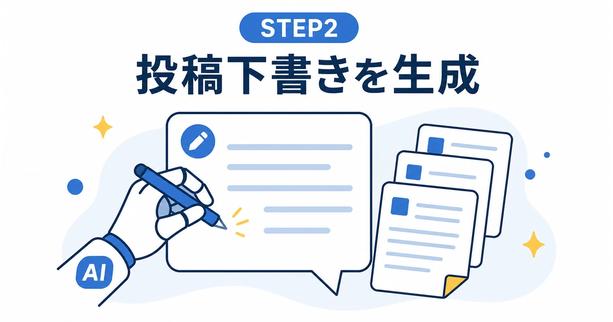 YouTubeコミュニティ運営をAIで効率化する完全ガイド|ファンを増やす仕組み_STEP2 投稿下書きをAIで一括生成 AIを使ってYouTubeコミュニティ投稿の下書きを一括生成するイラスト