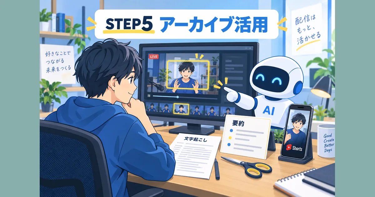 YouTubeライブ配信×AI活用の完全ガイド_ステップ5:アーカイブをAIで要約・切り抜きしてShorts化する YouTube ライブ配信 AI 活用 ガイド|ステップ5:アーカイブをAIで要約・切り抜きしてShorts化するの見出し画像
