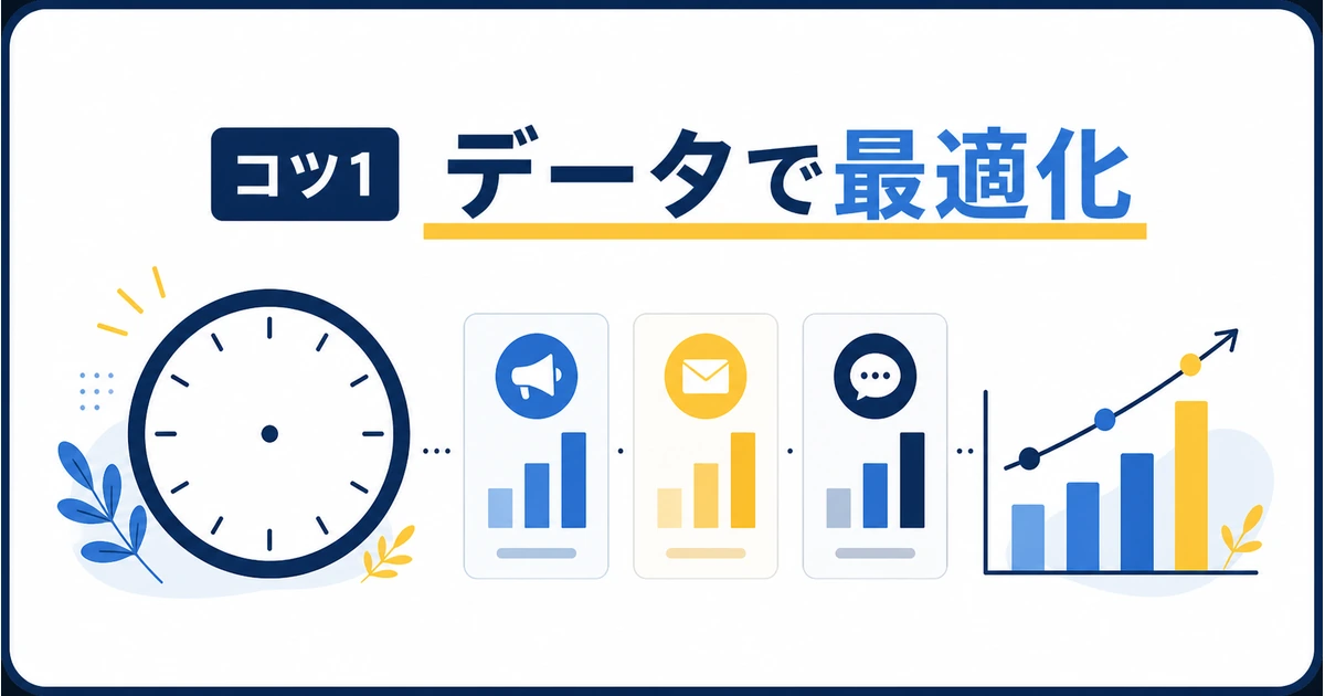 YouTubeコミュニティ運営をAIで効率化する完全ガイド|ファンを増やす仕組み_コツ1 投稿タイミングをデータで最適化 YouTubeアナリティクスを見てコミュニティ投稿の時間を比較するイラスト
