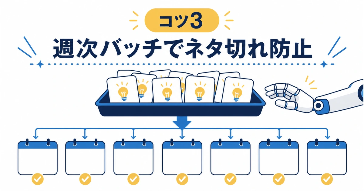 YouTubeコミュニティ運営をAIで効率化する完全ガイド|ファンを増やす仕組み_コツ3 週次バッチ制作 YouTubeコミュニティ投稿を週次でまとめて制作するイラスト