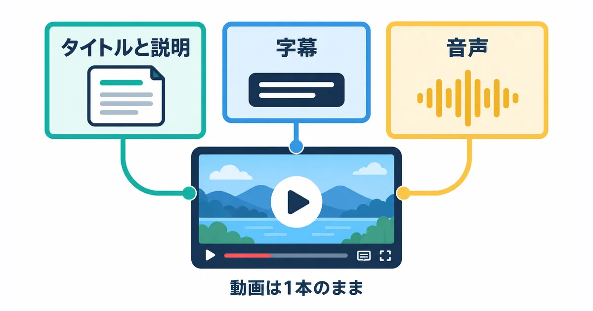 YouTube×AI翻訳で海外展開する完全ガイド|多言語チャンネル戦略_図解_diagram-01-three-translation-layers YouTubeのAI翻訳が担当するタイトルと説明、字幕、音声の3つ