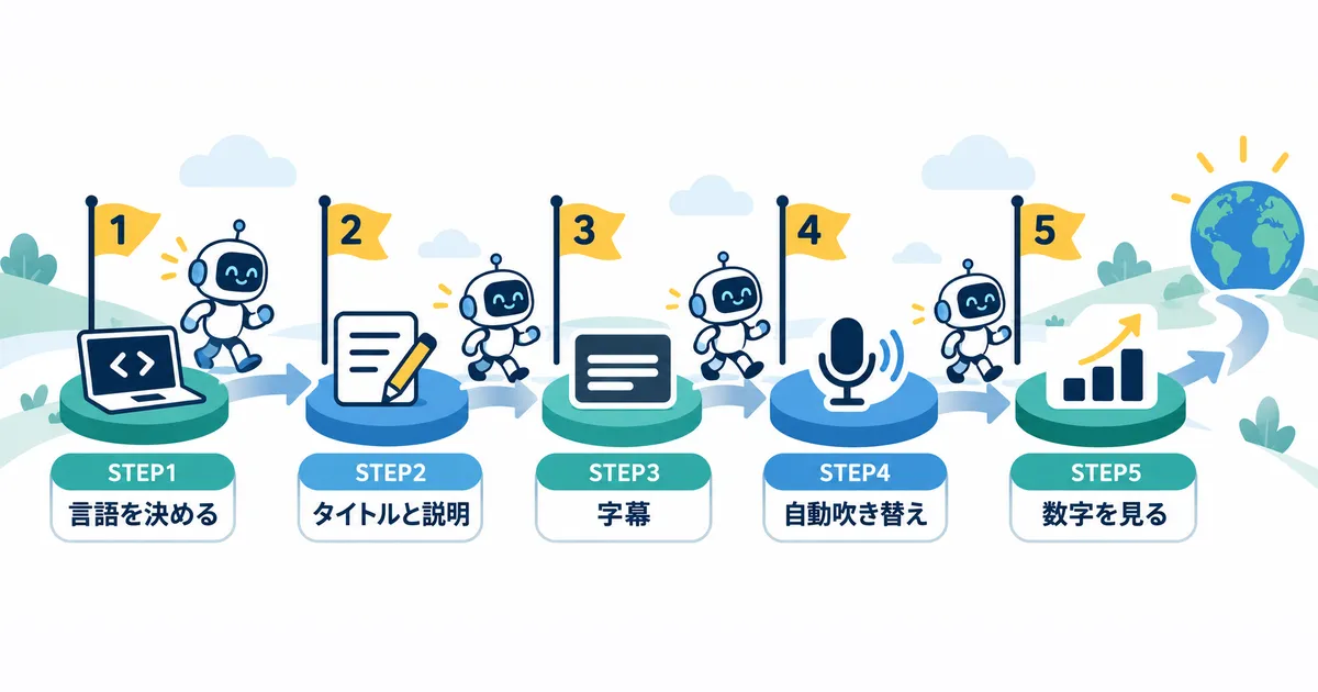 YouTube×AI翻訳で海外展開する完全ガイド|多言語チャンネル戦略_図解_diagram-02-five-step-roadmap YouTubeの動画の言語設定から翻訳の利用状況の確認までの5ステップ