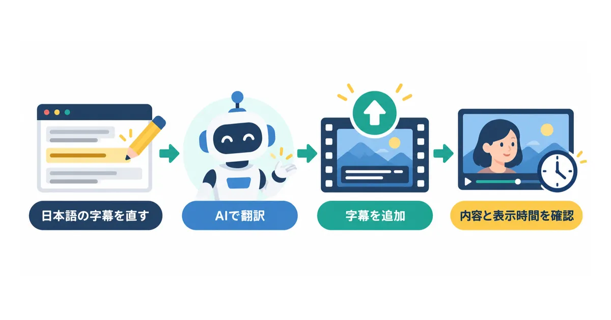 YouTube×AI翻訳で海外展開する完全ガイド|多言語チャンネル戦略_図解_diagram-03-subtitle-translation-order 日本語の字幕を直してからAIで翻訳し、内容と表示時間を確認する順番
