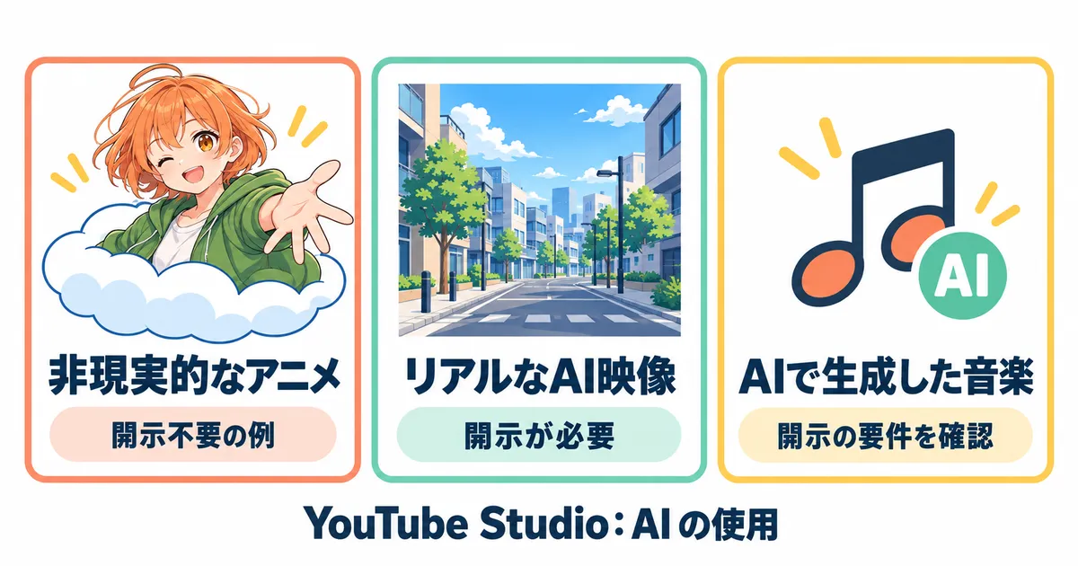 YouTube AIアニメ 動画制作 ガイド｜非現実的なアニメとリアルなAI映像・AI音楽の開示確認