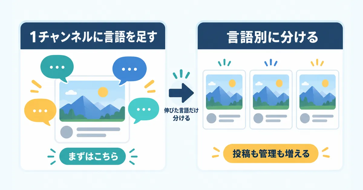 YouTube×AI翻訳で海外展開する完全ガイド|多言語チャンネル戦略_図解_diagram-05-one-channel-vs-split 1チャンネルに言語を足す形と言語別にチャンネルを分ける形の比較