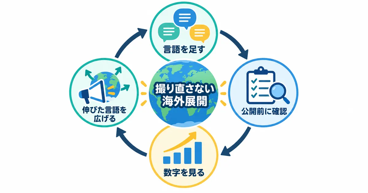 YouTube×AI翻訳で海外展開する完全ガイド|多言語チャンネル戦略_図解_diagram-07-multilingual-growth-cycle 言語を足し、公開前に確認して利用状況を見ながら海外展開を広げる循環