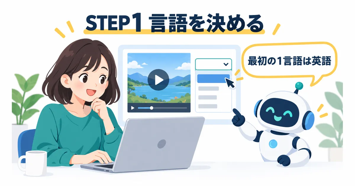 YouTube×AI翻訳で海外展開する完全ガイド|多言語チャンネル戦略_見出し画像_h2-2_h3-1 YouTubeの動画の言語を設定し、最初に英語を選ぶ場面