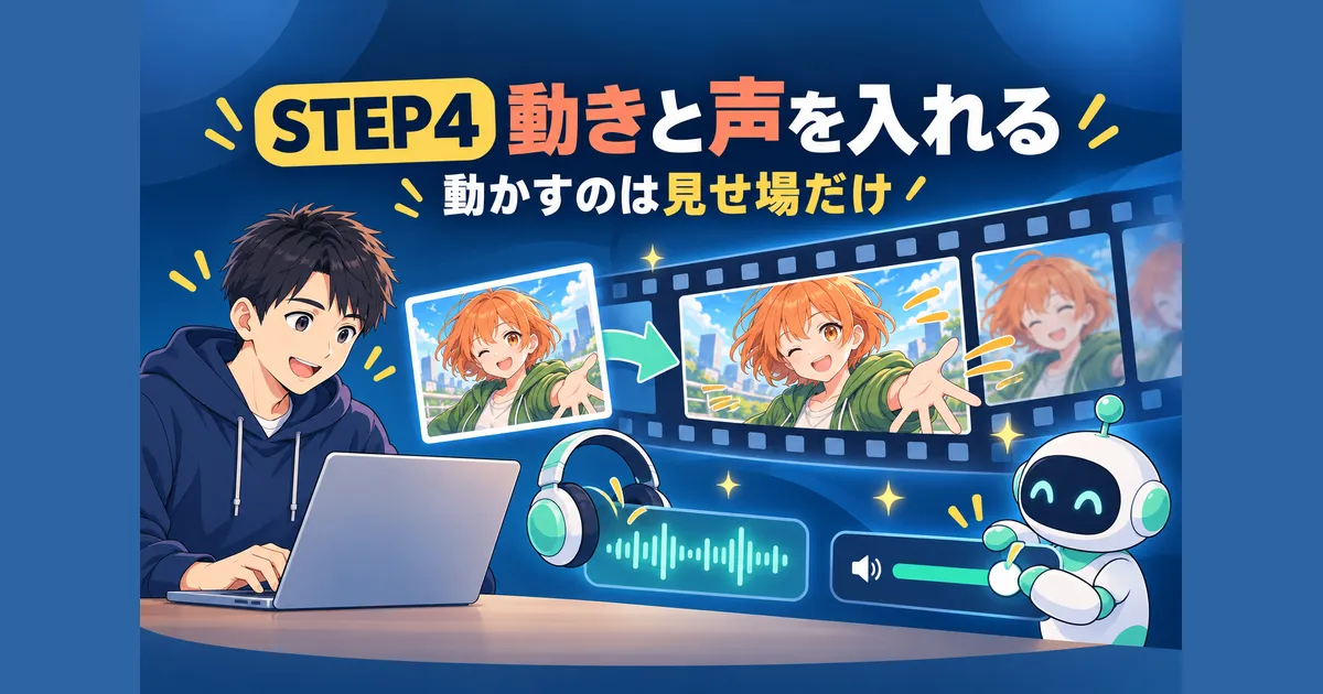 YouTube AIアニメ 動画制作 ガイド｜ステップ4：画像に動きと声、音を入れる