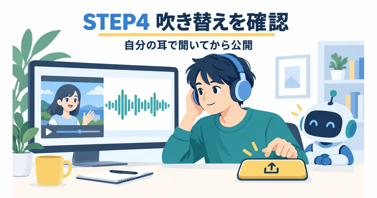 YouTube×AI翻訳で海外展開する完全ガイド|多言語チャンネル戦略_見出し画像_h2-2_h3-4 YouTubeの自動吹き替えを公開前に自分の耳で確認する場面