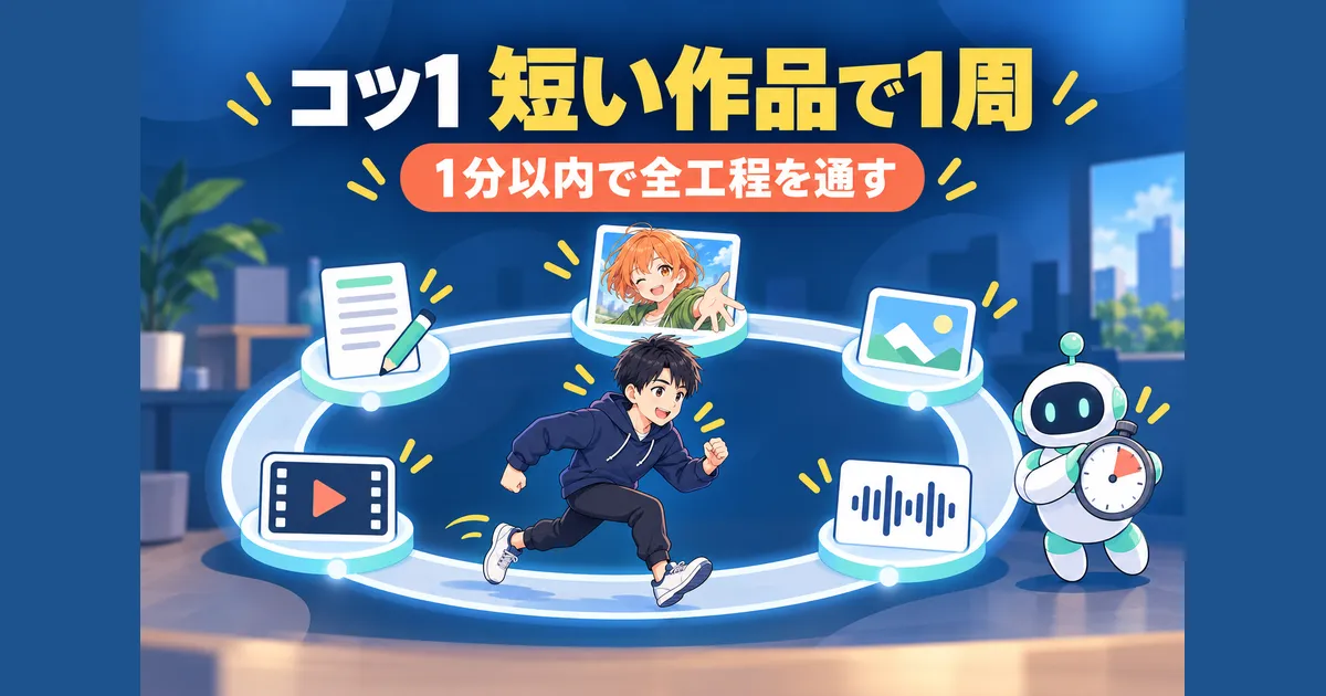 YouTube AIアニメ 動画制作 ガイド｜コツ1：最初は1分以内の短い作品で流れを覚える