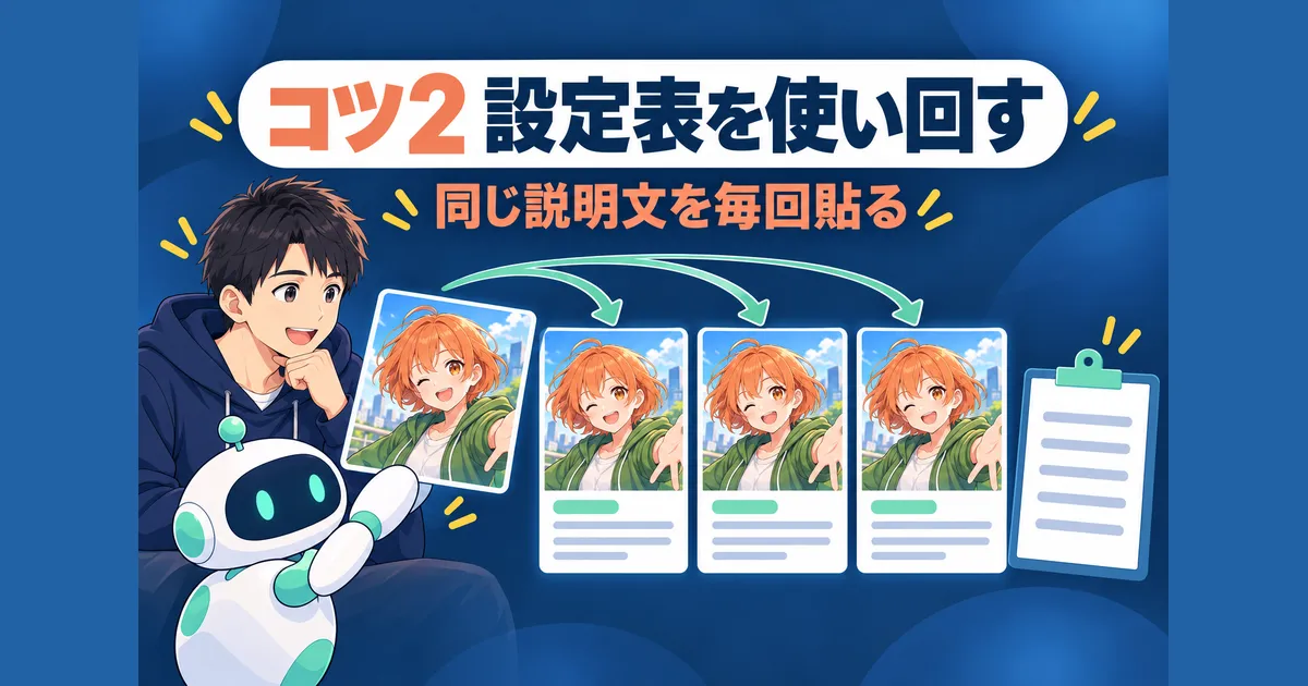 YouTube AIアニメ 動画制作 ガイド｜コツ2：キャラクターの設定表を全カットで使い回す