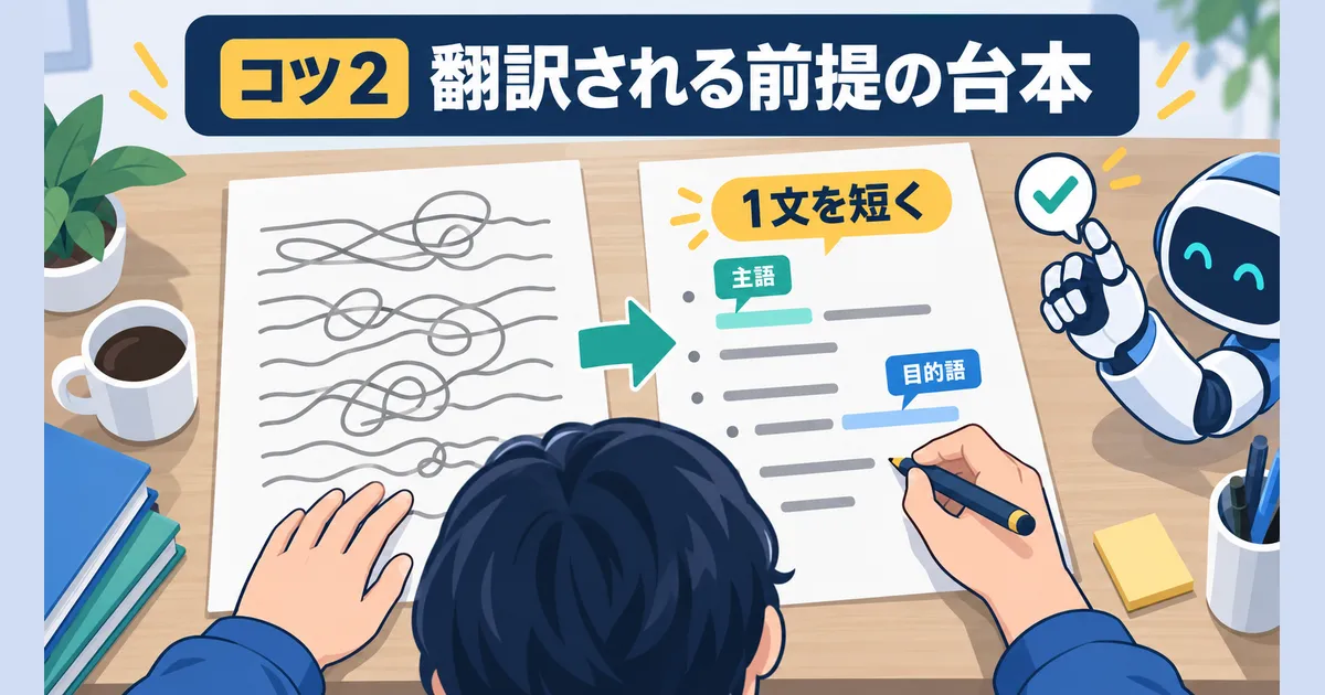 YouTube×AI翻訳で海外展開する完全ガイド|多言語チャンネル戦略_見出し画像_h2-3_h3-2 AIで翻訳しやすいように主語と目的語を入れて台本を書く場面
