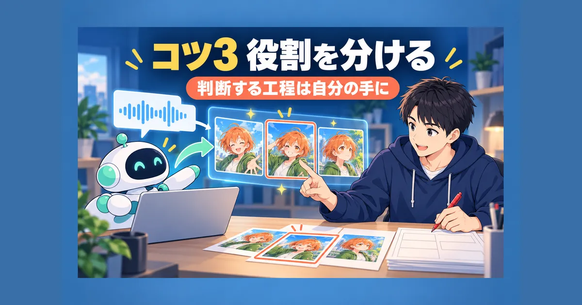 YouTube AIアニメ 動画制作 ガイド｜コツ3：AIに任せる工程と自分で決める工程を分ける